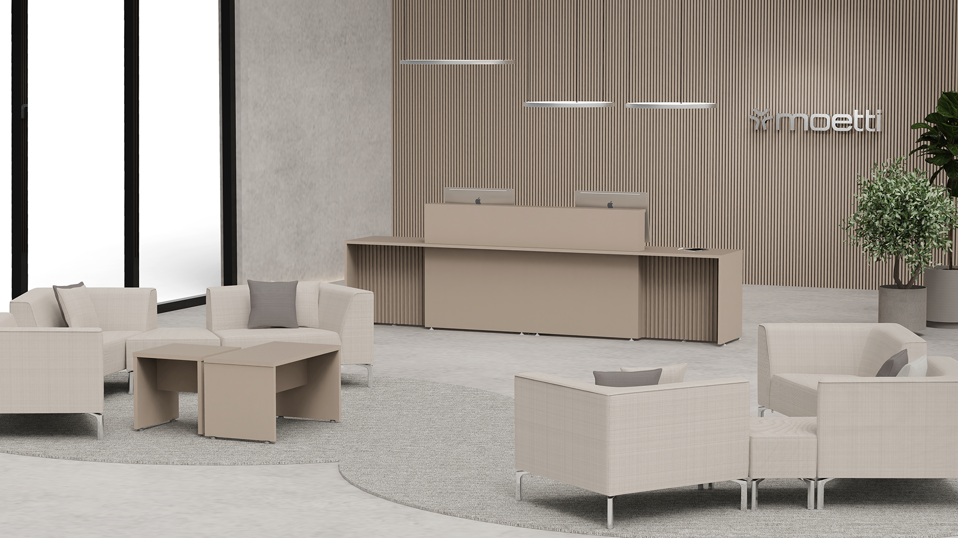 recepciones-espacios-espera-moetti-base Recepción equipada con mobiliario de Moetti Base, diseñada para ofrecer comodidad y calidez en espacios corporativos.